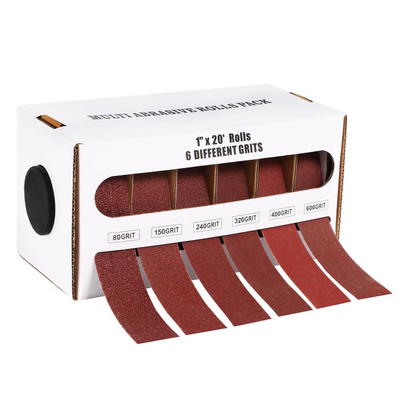 Oacdiel 6 Grits Emery Cloth Roll, Multiple Grit Sizes, Abrasive Sandpaper Roll with Dispenser, 80 150 240 320 400 600 Grit Sandpaper Assortment, Wet Emory Cloths for Wood Furniture Metal Automotive (6Meters) - Image 1